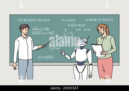 Moderner Roboter und Lehrer studieren an der Tafel im Klassenzimmer der Universität. Künstliche Intelligenz und Innovationskonzept. Digital Science Teaching bot Stockfoto