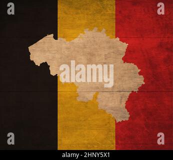 belgische minimalistische Karte mit der Nationalflagge. Lebendige Farben und moderne Grafiken im Retro-Stil. Poster für Print, Katalog und Marketing Stockfoto