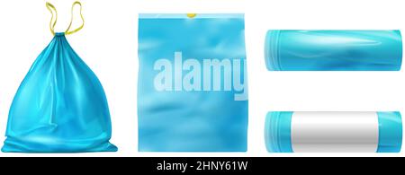 Plastikmüllbeutel voll, leer und Verpackungsrollen-Mockup. Realistischer Sack für Müll, Abfall oder Müll. Recycling-Beutel mit String-Vektor-Set. Illustrati Stock Vektor