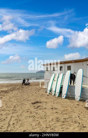 Surfbretter in Al Cartello Strand in der Nähe von Orbetello, Toskana, Italien Stockfoto