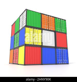 Bunte Frachtschiffcontainer übereinander in Würfelform gestapelt. Marine Olgistics, Hafenlager, Zoll, Transport Versandkonzept. 3 Stockfoto