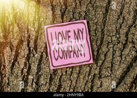Textunterschrift Presenting I Love My Company, Business Concept Erzählen Sie, warum ihre Arbeit und ihren Arbeitsplatz bewundern Denken Neue helle Ideen erneuern Kreativität und Stockfoto