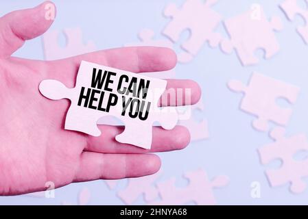 Konzeptionelle Darstellung Wir können Ihnen helfen, Wort geschrieben auf bietet gute Unterstützung für Kunden oder Freunde Bau eines unfertigen weißen Jigsaw Muster Puzzl Stockfoto