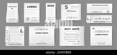 Realistische weiße Etiketten für Kleidung mit Größen und Waschanweisungen. Abzeichen aus genähtem Stoff mit Wasch-, Pflege- und Materialinfo-Vektor-Set. Illustrat Stock Vektor
