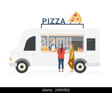 Fastfood im Pizza Street Van Shop kaufen. Mobile Küche LKW mit Snacks Menü Cartoon Vektor Illustration Stock Vektor