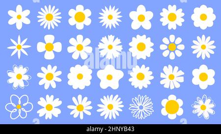 Cartoon Gänseblümchen-Logo-Designs, Kamillenblumen-Symbole. Flache, florale Elemente im Frühling. Blüht mit weißen Blütenblättern. Doodle Gänseblümchen Vektor Satz von Karikatur Stock Vektor