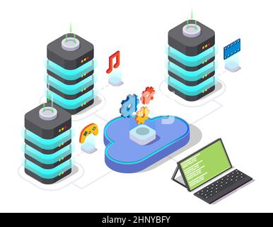 Server-Racks mit Cloud, Vektor-isometrische Darstellung. Cloud Storage Management Service. Stock Vektor