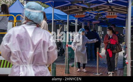 Hongkong, China. 17th. Februar 2022. Bürger warten auf COVID-19-Tests an einer mobilen Teststation in Hongkong, Südchina, am 17. Februar 2022. Quelle: Lui Siu Wai/Xinhua/Alamy Live News Stockfoto