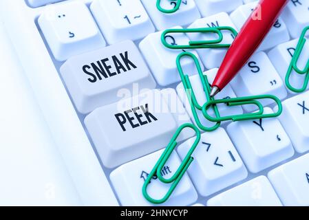 Schreiben Anzeige Text Sneak Peek, Konzeptfoto Gelegenheit, etwas zu sehen, bevor es offiziell präsentiert wird Abstract Doing Virtual Bookkeeping Stockfoto