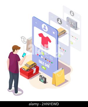 Junger Mann, der online Einkäufe tätigt, Vektor-isometrische Illustration. Mobile Shopping, E-Commerce, Internet-Shop. Stock Vektor
