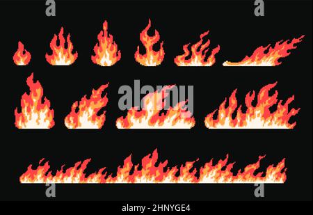 Pixel Art Feuer und Flamme, brennender Effekt für 8-Bit-Spiele. Hintergrund Lagerfeuer Grenze. Retro Arcade-Spiel Feuer Energie Angriff Symbole Vektor-Set. Illustrati Stock Vektor