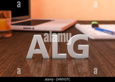 ALG - Arbeitslosengeld - Briefe auf Holzschreibtisch mit Laptop-Computer und Notebook. 3D Render il Stockfoto