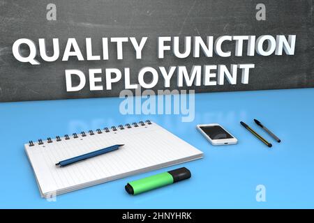 QFD - Quality Function Deployment - Textkonzept mit Tafel, Notizbuch, Stiften und Mobiltelefon. 3D Darstellung rendern. Stockfoto