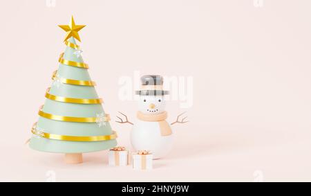 Weihnachtsbaum mit Band Dekorationen und Schneemann Cartoon Kiefern für Banner Grußkarte auf rosa Pastell Hintergrund, Neujahr und Weihnachtsbaum Symbol, Stockfoto