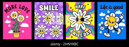 Abstrakte Gänseblümchen-Poster im 70s groovigen Stil. Psychedelische Retro-Drucke mit Slogan und Cartoon-Hippie-Gänseblümchen-Charakter-Vektor-Design-Set. Illustra Stock Vektor