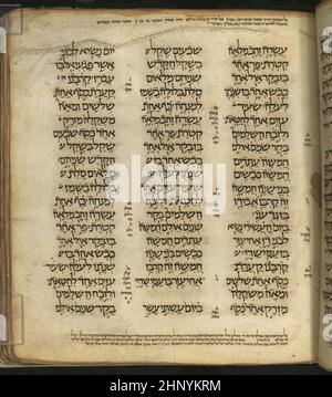 Der Damaskus-Pentateuch (Keter Dameseq oder Krone von Damaskus) ist ein hebräischer Bibelcodex aus dem 10th. Jahrhundert, der aus dem fast vollständigen Pentateuch, den fünf Büchern Moses, besteht. Er wurde von einem unbekannten Schreiber kopiert, der mit masoretischen Annotationen übersät ist. Das Manuskript ist am Anfang defekt, da es mit 1. Mose 9:26 beginnt, und 2. Mose 18:1-23 fehlt ebenfalls. 1975 wurde es von der Jüdischen National- und Universitätsbibliothek, Jerusalem, erworben, die 2008 ihren Namen in 'National Library of Israel' änderte. Der Codex wurde 1978 in einer großen, zweibändigen Faksimile-Ausgabe veröffentlicht. Es sollte nicht c sein Stockfoto