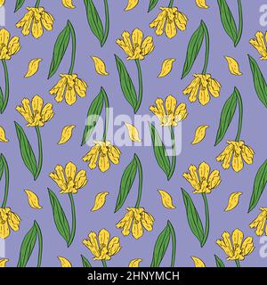 Vintage nahtlose Muster mit gelben Linie Kunst Tulpen Blumen und Blätter auf blau Stock Vektor