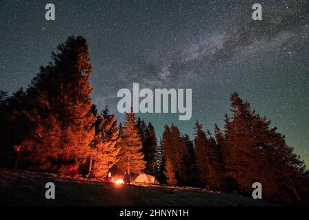 Ein Paar Wanderer und Wanderer, die sich in der Nähe des Waldes frei und in der Natur wohlfühlen, eine romantische Ehe, die im Nationalpark ruht, mit einem malerischen Sternenhimmel, der über Lagerfeuer auf dem Campingplatz spricht Stockfoto