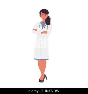 Elegante dunkelhaarige medizinische Assistentin Krankenschwester. Cartoon-Vektorgrafik für Krankenhauspflege- und Gesundheitsspezialisten Stock Vektor