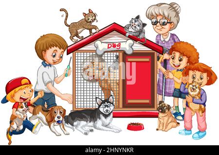 Große Familienmitglieder mit vielen Hunden Illustration Stock Vektor