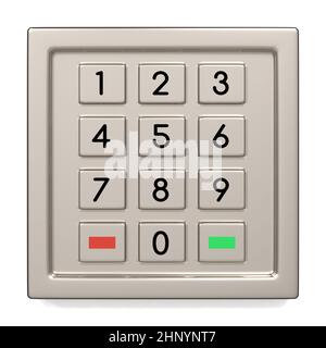 Tastatur für Geldautomaten. Zifferntasten mit zusätzlichen roten, gelben und grünen Tasten. PIN-Code-Sicherheit, Banking, elektronische Barabhebung, Zugriff auf Bankkonten c Stockfoto