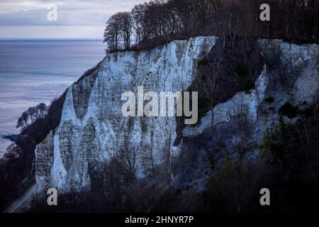 15. Februar 2022, Mecklenburg-Vorpommern, Sassnitz: Kreidefelsen neben der Aussichtsplattform Königsstuhl an der Kreideküste der Insel Rügen, die erst bis Ende April 2022 geöffnet ist. Zum Schutz der 118 Meter hohen Kreidefelsen an der Ostsee werden Besucher künftig den Blick von einem ovalen, 185 Meter langen Brückenrundweg über der Klippe bewundern. Die neue Stahlkonstruktion soll eine Tragfähigkeit von 163 Tonnen haben und gleichzeitig bis zu 1.100 Gäste aufnehmen können. Die Bauarbeiten sollen im Sommer 2022 abgeschlossen sein. Das Nationalpark-Zentrum am Königsstuhl wird besucht Stockfoto