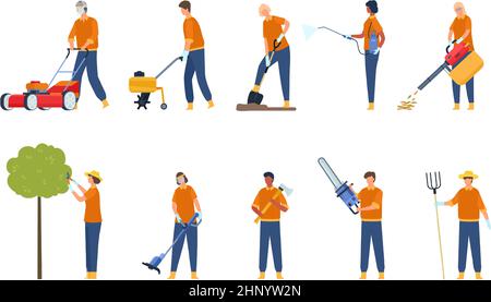 Flachgartenarbeiter mit Geräten, die Baum und Gras beschneiden. Professionelles Rasenmähen und Pflege Wartung. Gärtner mit Werkzeugen Vektor-Set. Care Garde Stock Vektor