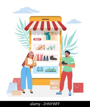 Menschen, die Schuhe im Online-Shop, Vektor-Illustration. Internet-Shop, Mobile Shopping, E-Commerce. Stock Vektor