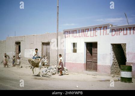 Junge auf einem Maultier adobe Haus in der Straße, adobe Häuser in Nazca, Peru, Südamerika c 1962 Stockfoto