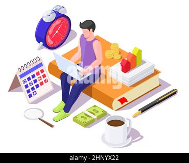 Zeitmanagement-Konzept, Prozess der Planung und Steuerung der Arbeitszeit, Vektor isometrische Illustration. Stock Vektor