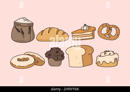 Brotkonditorei und Gebäck Konzept. Set von frisch gebackenem Brot Donut Cupcake Kuchen Stück Gebäck und Zutaten für das Backen Vektor-Illustration Stockfoto