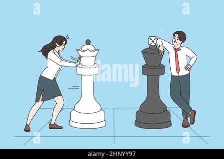 Geschäftsstrategie und Wettbewerbskonzept. Geschäftsleute Frau und Mann stehen und spielen Schach mit Schachfiguren während Rivalität Vektor illustrat Stockfoto
