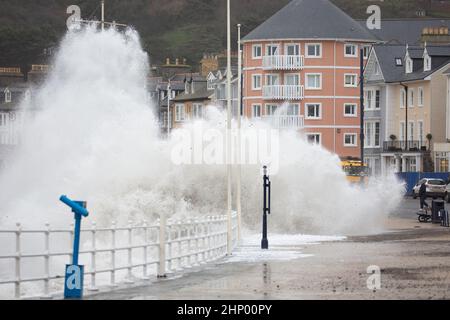 Aberystwyth, Ceredigion, Wales, Großbritannien. 18th Februar 2022 UK Wetter: Sturm Eunice und raue Meere bringen riesige Wellen entlang Aberystwyth Promenade und Verteidigung des Meeres heute Morgen . © Ian Jones/Alamy Live News Stockfoto