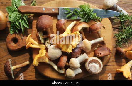Mischung von Waldpilzen auf Schneidebrett über alten Holztisch. Stockfoto