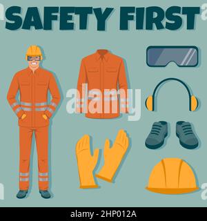 Arbeiter mit Schutzhelm, Schutzhandschuhen, Brille, Warnweste, Arbeitskleidung und Sicherheitsstiefel. Mann auf Sicherheitskontrolle mit Checkliste. Stockfoto