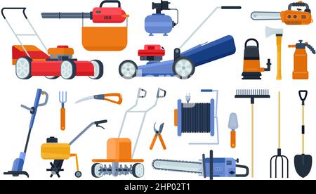 Flache Gartengeräte, Geräte, Rasenmäher und Trimmer. Gartenelektrik, Kettensäge, Grubber, Feldspritze und Bürstenschneider Vektor-Set von Garten Stock Vektor