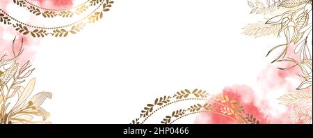 Luxuriöse goldene Tapete. Banner mit Blumen. Aquarell rosa, rote Flecken auf weißem Hintergrund. Glänzende Blüten, Zweige und Ornamente. Stockfoto