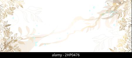 Luxuriöse goldene Tapete. Banner mit Blumen. Aquarell blaue Flecken auf weißem Hintergrund und Scheidung. Glänzende Blüten und Zweige. Stockfoto