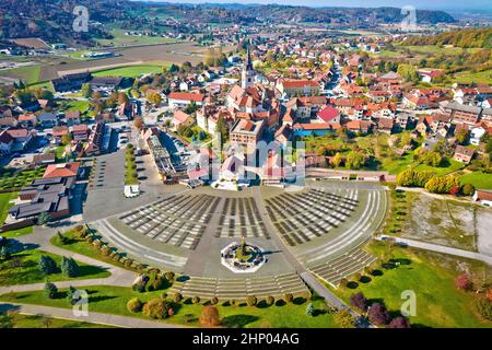 Marija Bistrica Heiligtum Kirche und Kalvarija Hügel Luftbild, Wallfahrt Zagorje Region von Kroatien Stockfoto