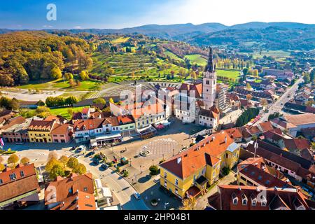 Marija Bistrica Heiligtum Kirche und Kalvarija Luftbild, Wallfahrt Zagorje Region von Kroatien Stockfoto