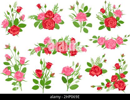 Cartoon rosa und rot rosa Blumensträuße mit Blättern und Gras. Vintage romantisches Bouquet mit Blumen und Knospen. Rosen Dekoration Vektor Set von Sommer Stock Vektor