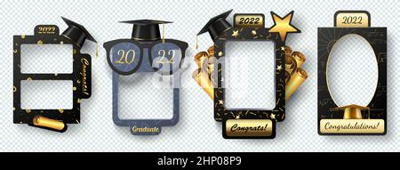 Graduierungsrahmen mit akademischen Kappen, Fotokabine Requisiten. Graduiertenklasse 2022. Schulabschluss Zeremonie Rahmen für Selfie-Vektor-Set. Illustra Stock Vektor