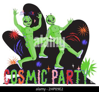 Kosmische Partei kreative Banner oder Poster mit lustigen Raum Aliens, flache Vektor-Illustration isoliert auf weißem Hintergrund. Stock Vektor