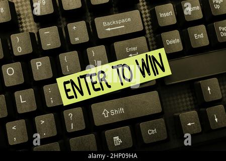 Textunterschrift mit „Enter to Win“, Schaufenster „Business“, in dem etwas gegen einen Preis ausgetauscht wird, mit dem ein Preis gewonnen wird Online-Browsing und -Exploring, Creat Stockfoto