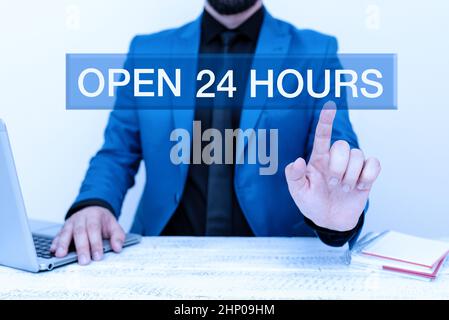 Textunterschrift präsentiert Open 24 Hours, Internet-Konzept den ganzen Tag und die ganze Nacht verfügbar, ohne zu schließen oder zu stoppen Remote Office Work Online presenti Stockfoto