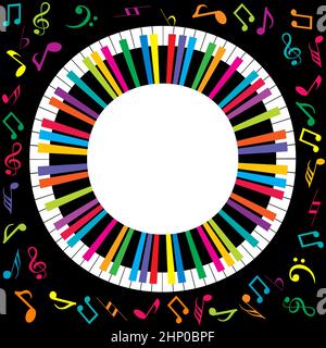 Musikalisches Plakat mit abstraktem, farbenfrohem Klavier und musikalischen Noten Stockfoto