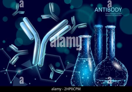 Ergebnis des Antikörperimmunglobulin-Coronavirus-Impfstoffs. 3D medizinisches Infektionsmodell. Vorlage für das COVID-Poster zur Immunisierung. Bluttest Green-Pass-Zertifikat Stock Vektor