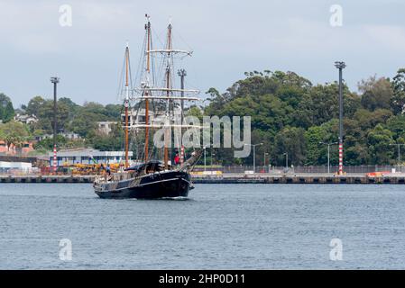 Der Southern Swan wurde 1922 in Dänemark als Top Sail Schoner erbaut und ist jetzt als dreimagiger Barquentine in Sydney, Australien, verkleidet Stockfoto