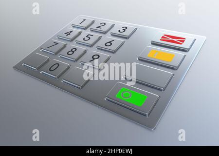 Tastatur für Geldautomaten. Zifferntasten mit zusätzlichen roten, gelben und grünen Tasten. PIN-Code-Sicherheit, Banking, elektronische Barabhebung, Zugriff auf Bankkonten c Stockfoto