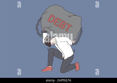 Finanzkrise und Schuldenkonzept. Junge gestresste erschöpft Geschäftsmann sitzt auf dem Knie mit riesigen Stein als Schulden auf dem Rücken fühlen schlechte Vektor-illustrat Stockfoto